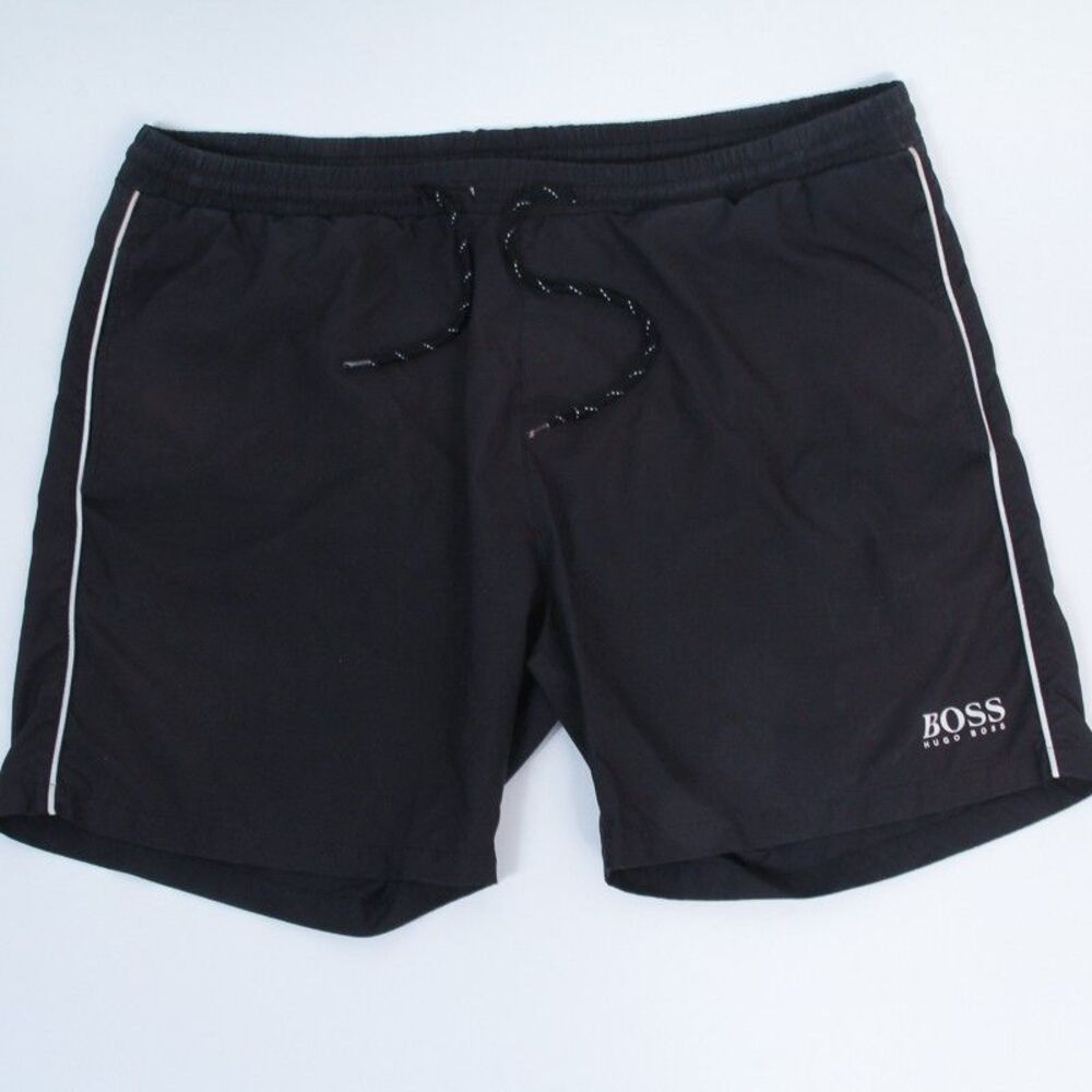 BOSS by Hugo Boss Men's LOGO Swim Trunks Black with White Side Striped, Medium